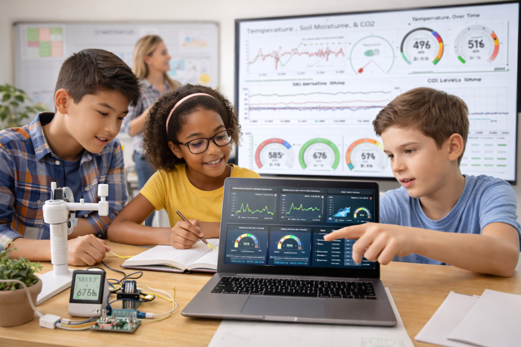 Students collaborating around classroom data and environmental monitoring tools.